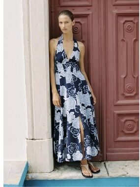ZARA Blue Floral Halter Midi Dress. M NWT